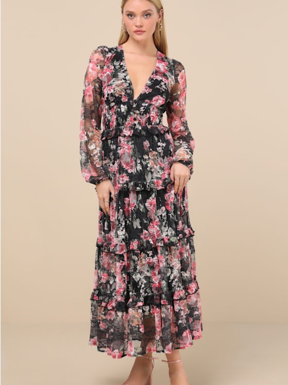 Lulu's Black Floral V-Neck Tiered Maxi Dress